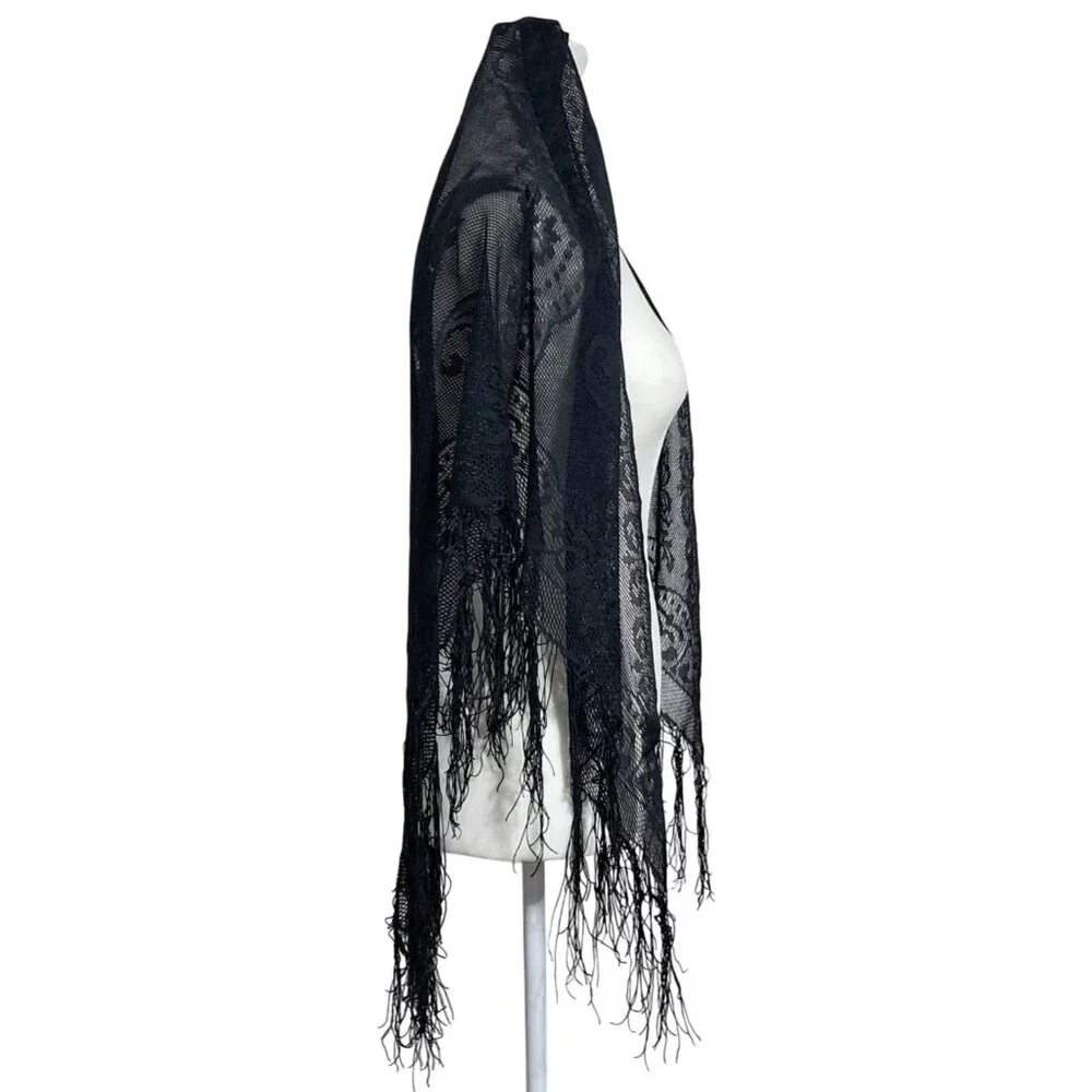 Vintage 1970s Black Lace Fringed Shawl English Village Japan Boho Goth Wrap - Picture 5 of 5